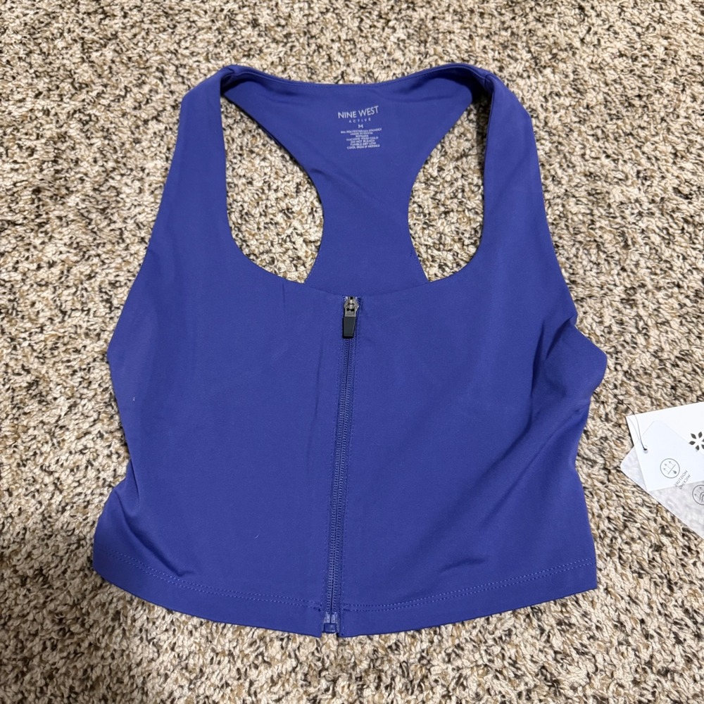 Nine West Active Women Purple Front Zip Racerback Sports Bra Crop Top Medium NEW